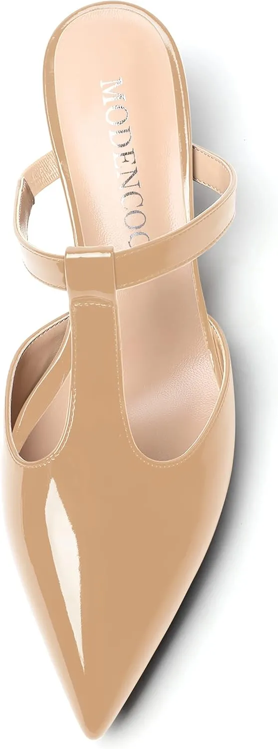 MODENCOCO Women's Comfortable Slip On Dress Pointed Toe T Strap Patent Party Wedge Low Heel Pumps Shoes 2 Inch