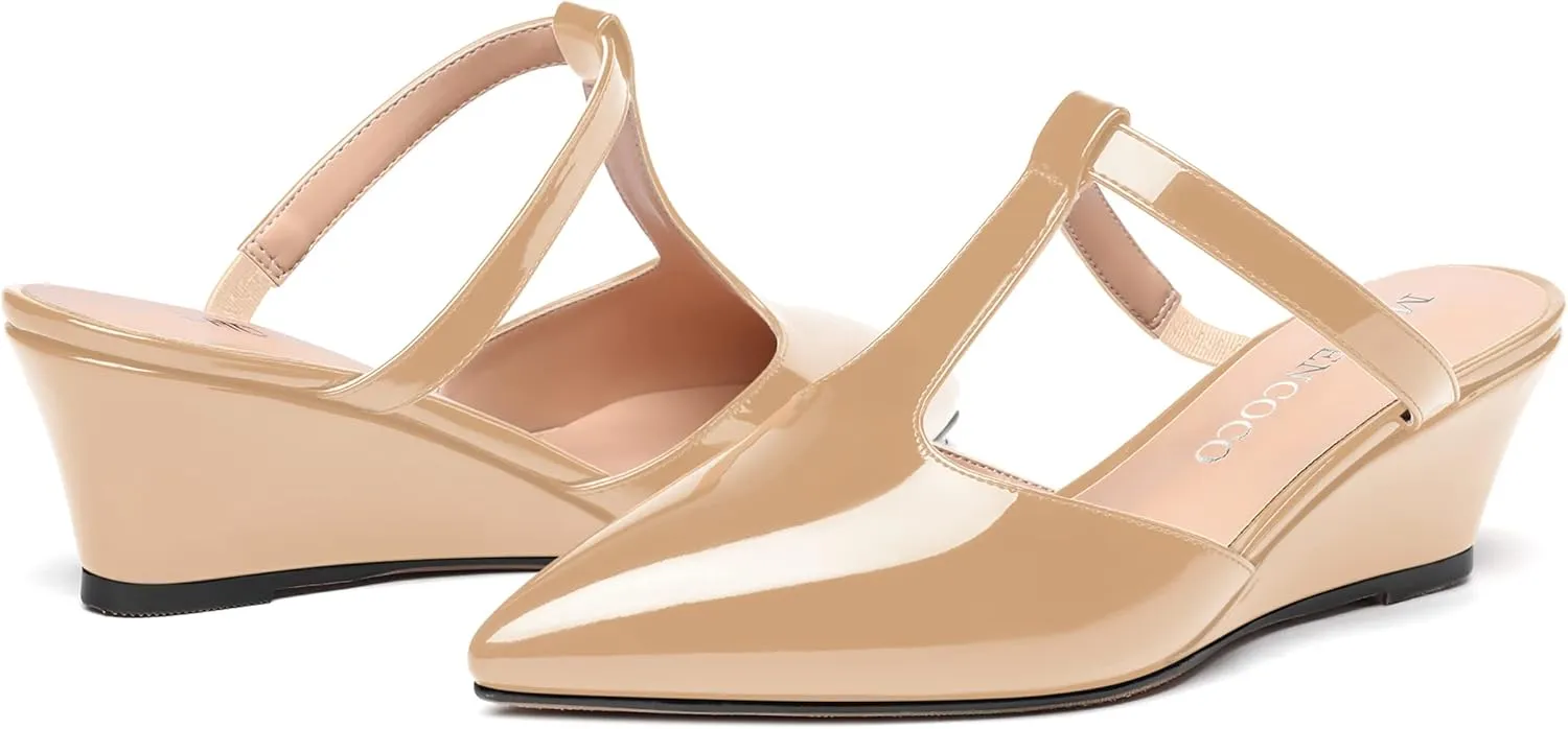 MODENCOCO Women's Comfortable Slip On Dress Pointed Toe T Strap Patent Party Wedge Low Heel Pumps Shoes 2 Inch
