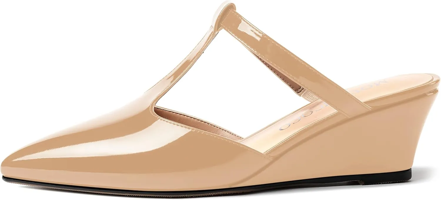 MODENCOCO Women's Comfortable Slip On Dress Pointed Toe T Strap Patent Party Wedge Low Heel Pumps Shoes 2 Inch