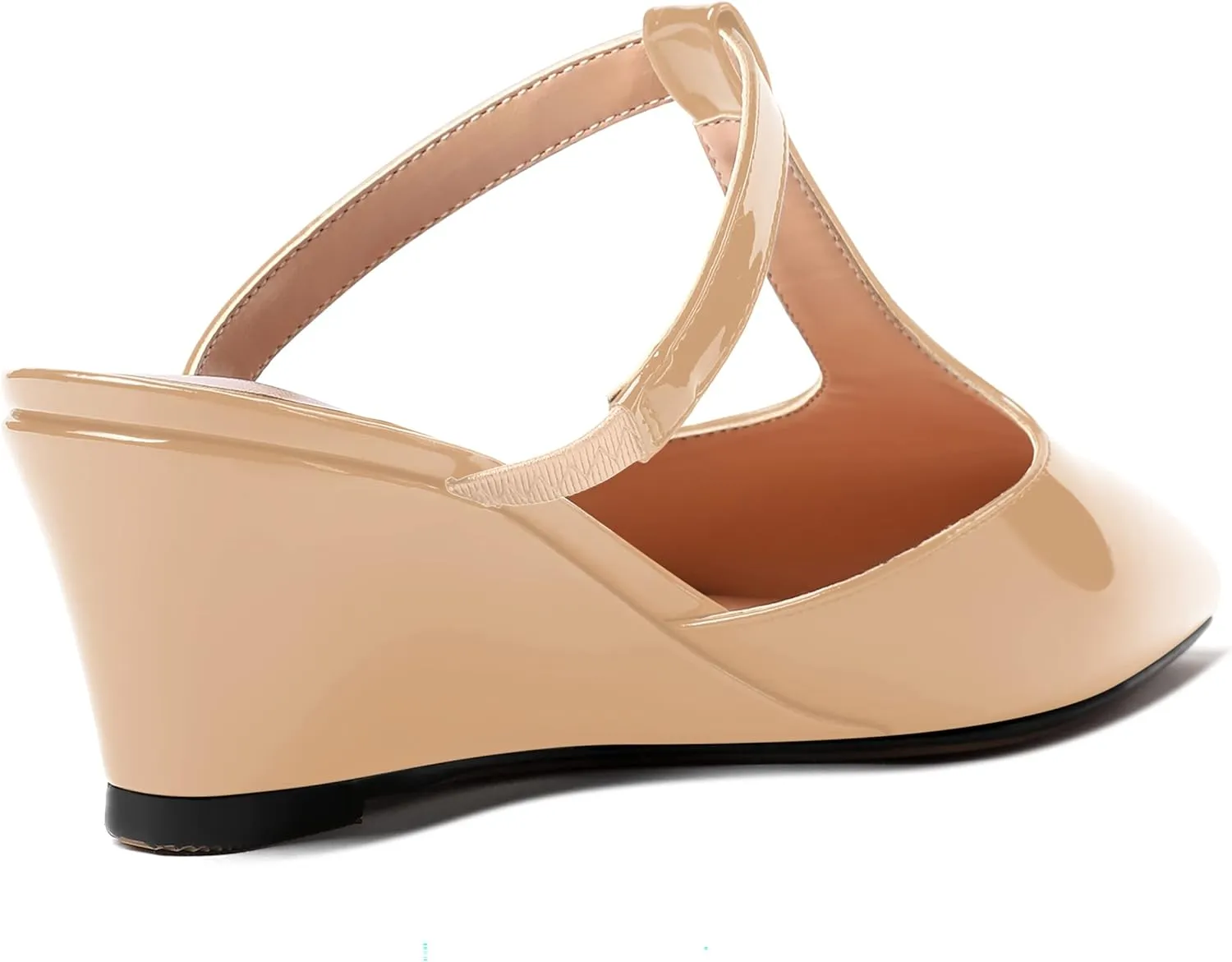 MODENCOCO Women's Comfortable Slip On Dress Pointed Toe T Strap Patent Party Wedge Low Heel Pumps Shoes 2 Inch