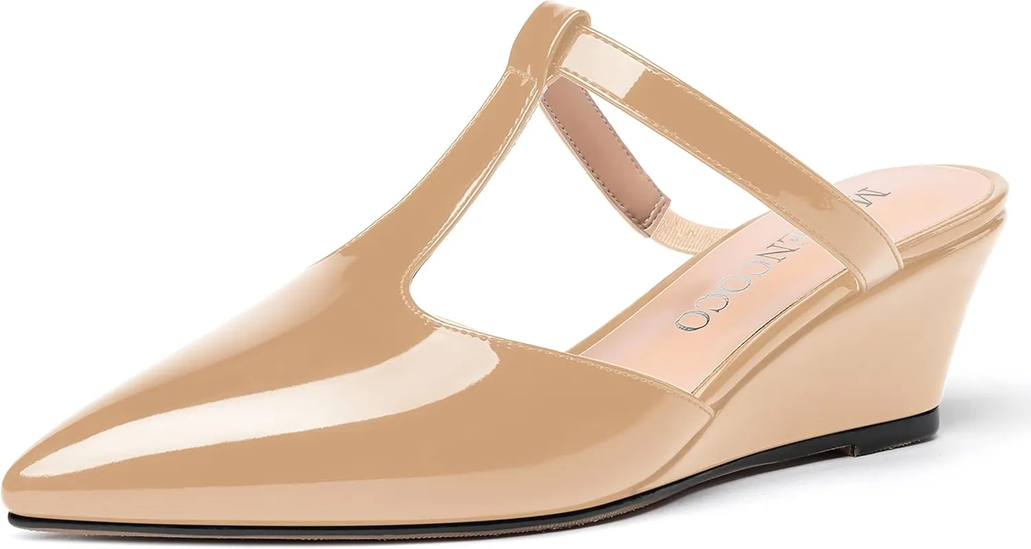 MODENCOCO Women's Comfortable Slip On Dress Pointed Toe T Strap Patent Party Wedge Low Heel Pumps Shoes 2 Inch