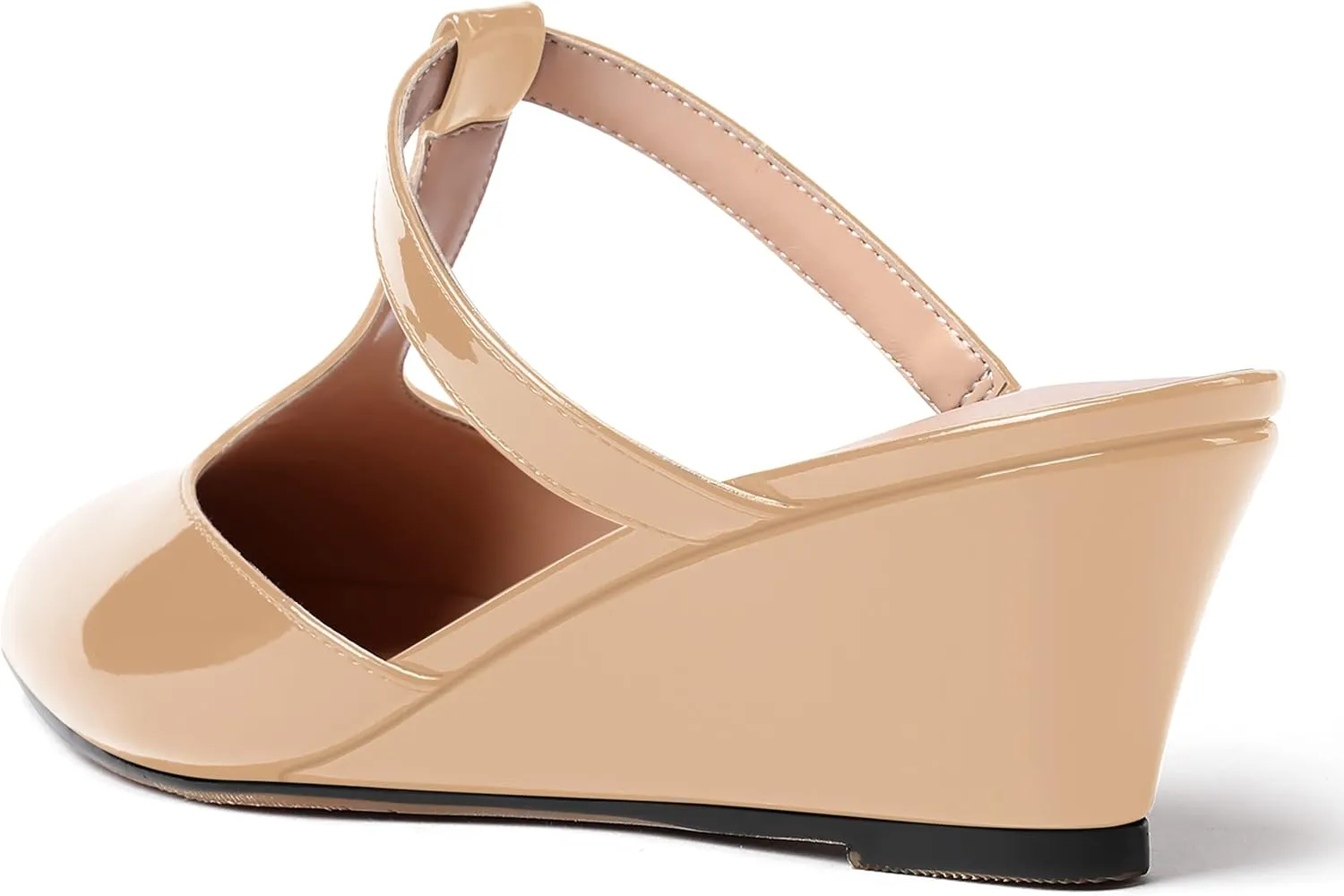 MODENCOCO Women's Comfortable Slip On Dress Pointed Toe T Strap Patent Party Wedge Low Heel Pumps Shoes 2 Inch