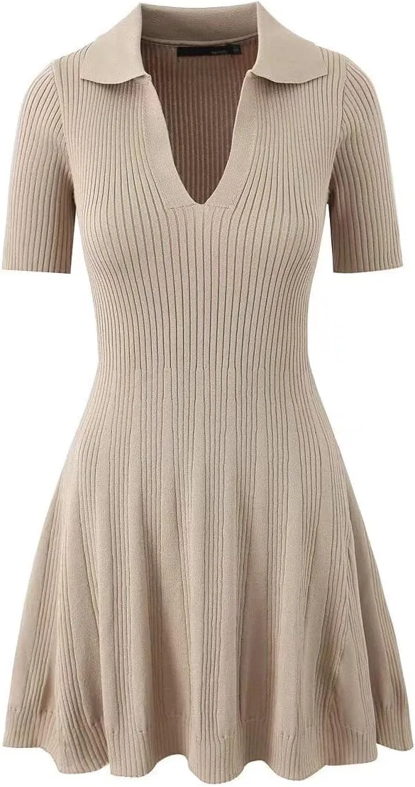 Pure Desire Niche Hot Girl Dress – Lapel Knitted Short-Sleeved Slim Waist A-Line Short Skirt, Elegant Spring Summer Outfit White
