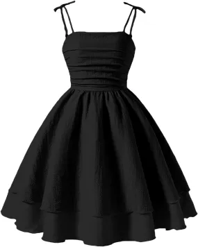 Tween Girls Dresses Summer Smocked Ruched A Line Layered Ruffle Flowy Tie Bow Cute Cami Dress Kids Swing Midi Dress