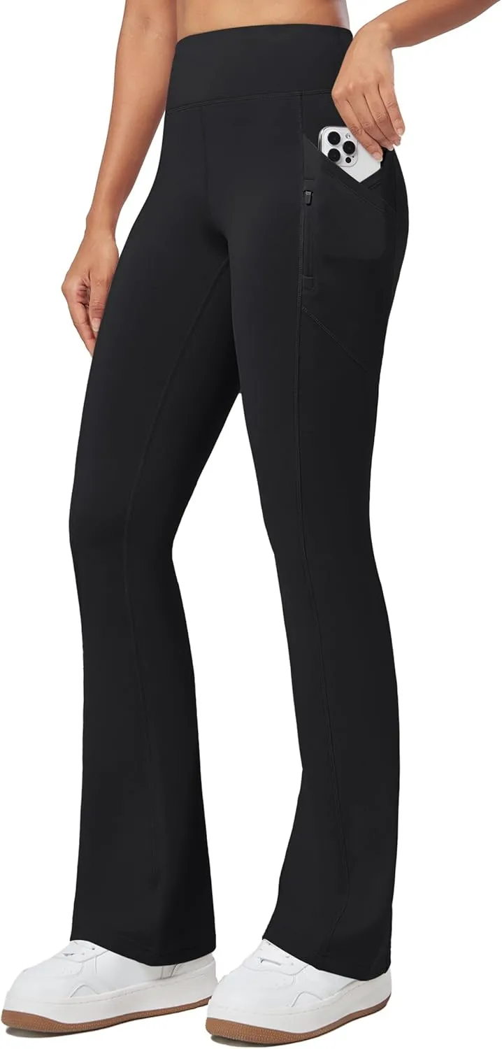 Willit Women's Fleece Lined Pants Thermal Leggings Winter Bootcut Yoga Pants Zipper Pockets Flare High Waist Water Resistant