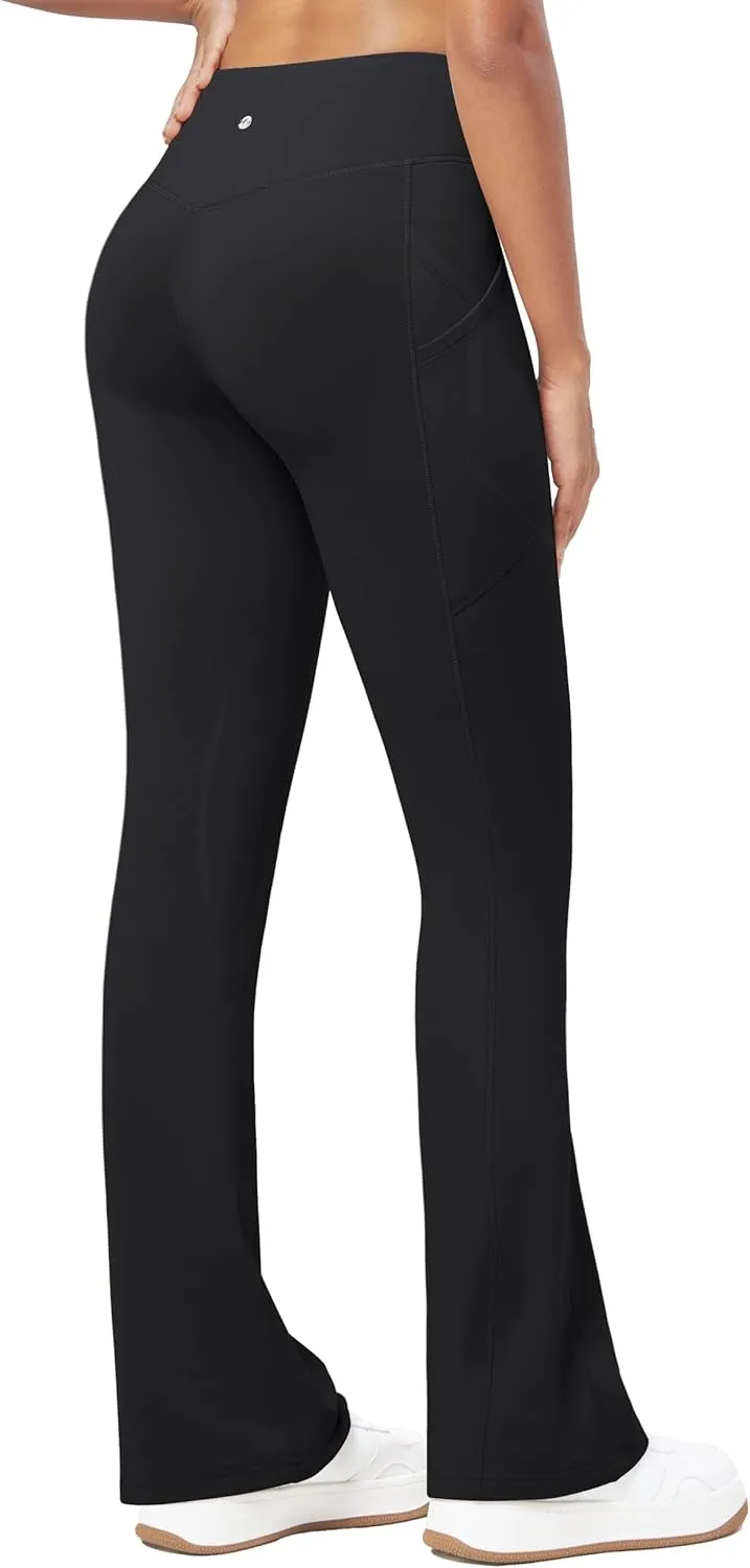 Willit Women's Fleece Lined Pants Thermal Leggings Winter Bootcut Yoga Pants Zipper Pockets Flare High Waist Water Resistant