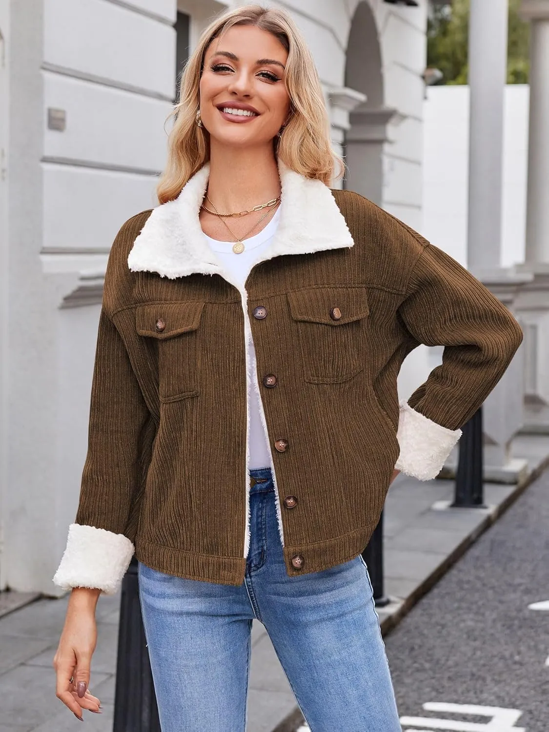 ZAFUL 2024 Womens Sherpa Fleece Jacket Button Down Corduroy Shacket Casual Winter Warm Coat With Pockets