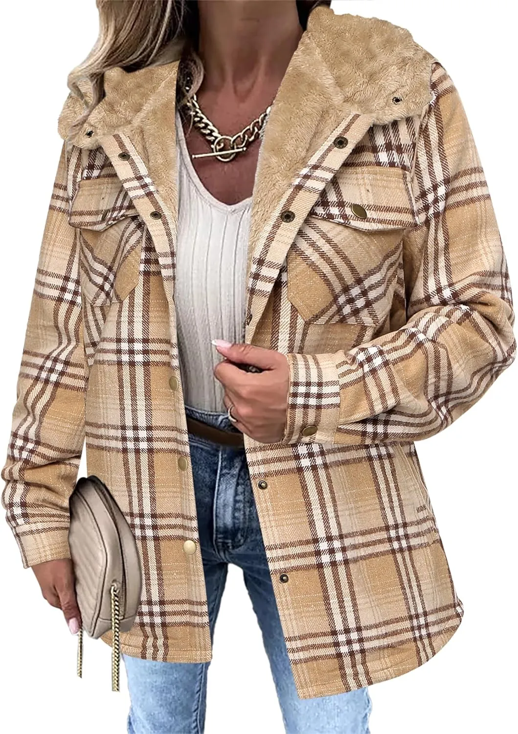 Zeagoo Womens Plaid Shacket Jacket Long Sleeve Button Down Fleece Hooded Jackets Warm Coat