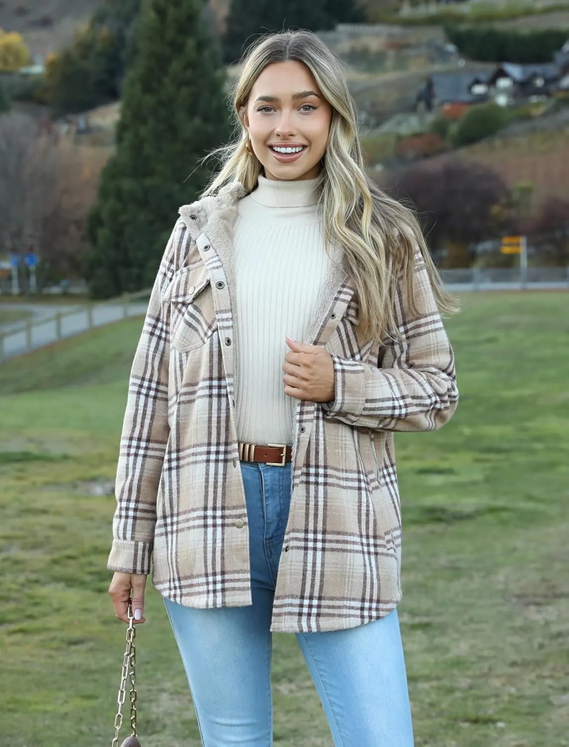 Zeagoo Womens Plaid Shacket Jacket Long Sleeve Button Down Fleece Hooded Jackets Warm Coat