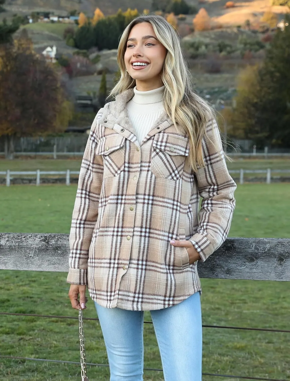 Zeagoo Womens Plaid Shacket Jacket Long Sleeve Button Down Fleece Hooded Jackets Warm Coat