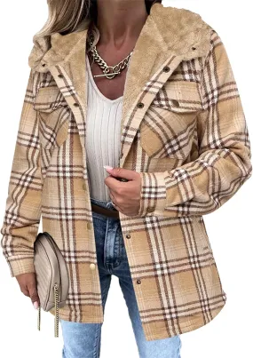 Zeagoo Womens Plaid Shacket Jacket Long Sleeve Button Down Fleece Hooded Jackets Warm Coat